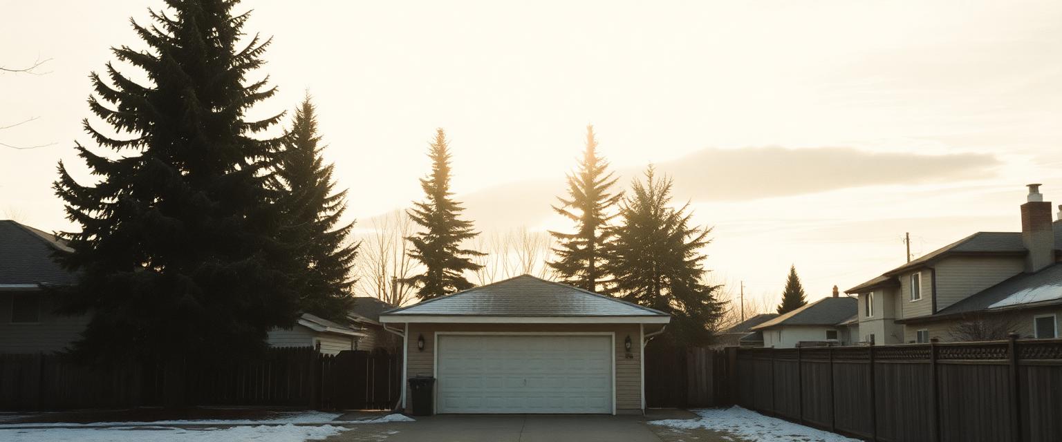 A detached garage off a paved back lane in an established Calgary neighbourhood at dusk