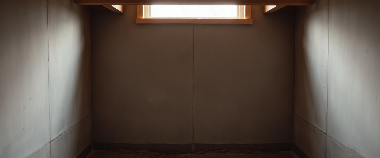 Daylight falling through a basement window onto a bare concrete foundation wall