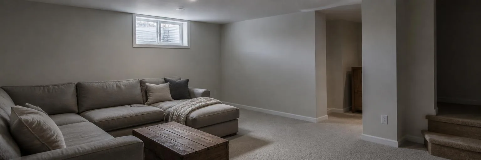 A finished lower-level room lit by a small egress window near the ceiling