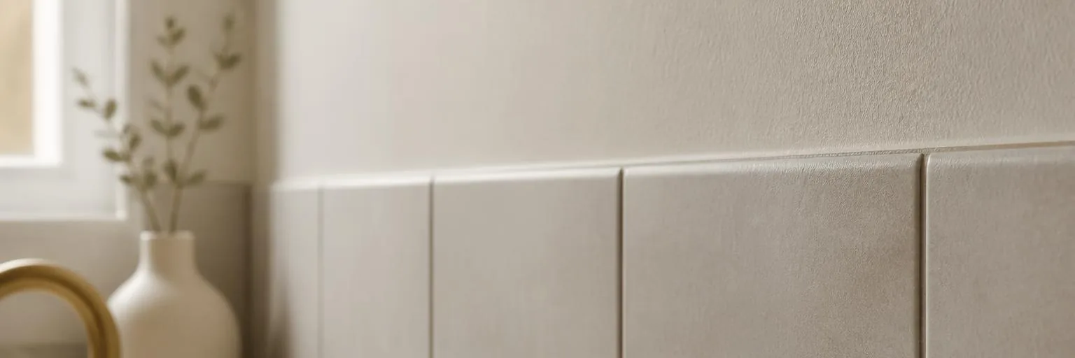 A matte tile edge meeting a painted bathroom wall in soft window light