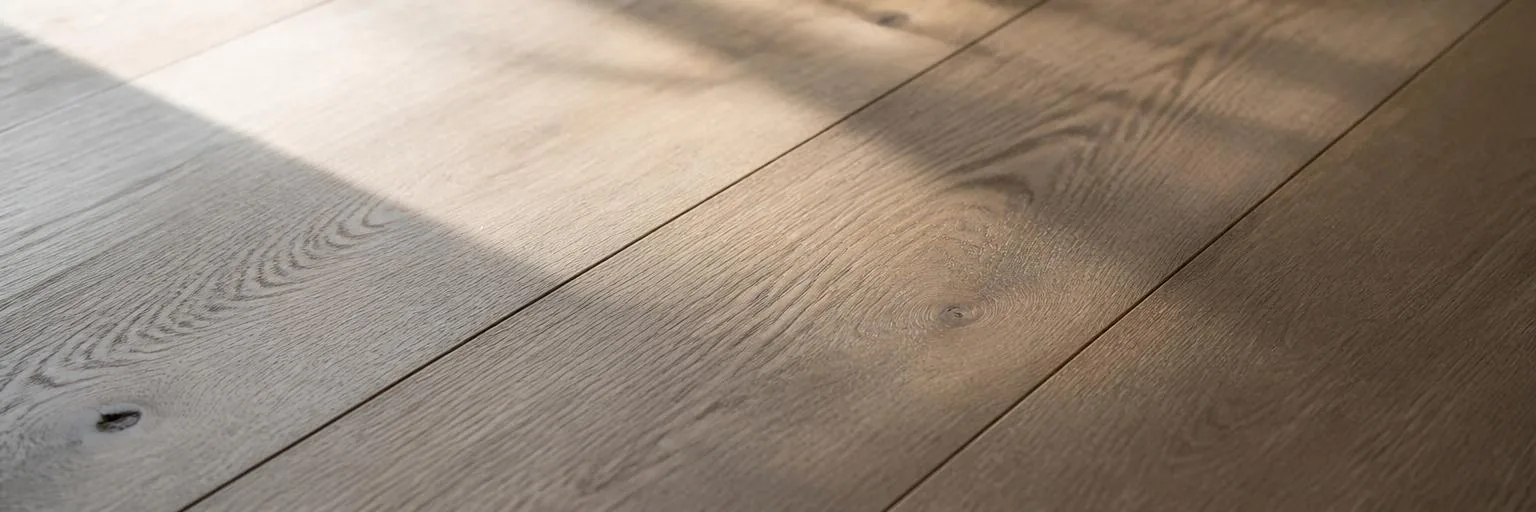 Oak floorboards photographed at an angle in raking daylight
