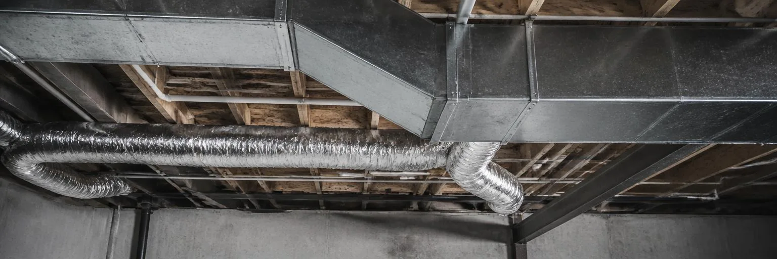 Sheet-metal ductwork and flexible duct running between joists in an unfinished ceiling