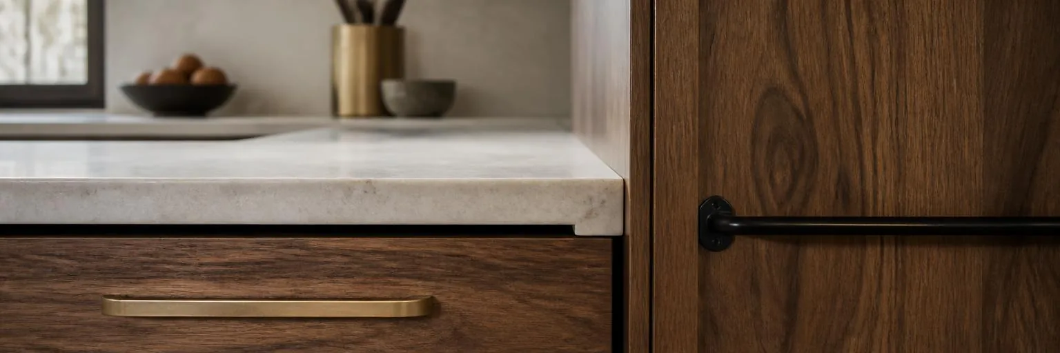 A stone counter edge meeting a walnut cabinet face in daylight