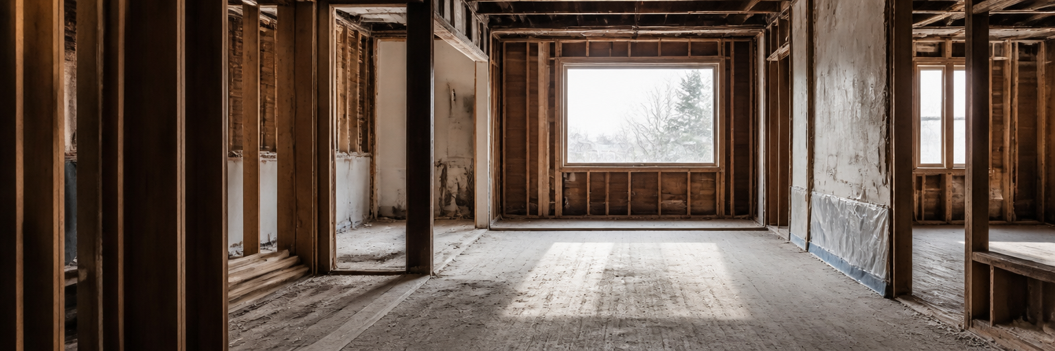 The interior of a bungalow stripped to the studs, daylight through bare windows